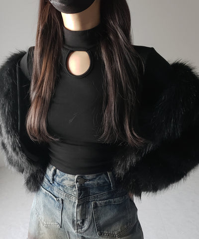 【 ３color 】裏起毛カットアウトプチハイネックトップス ／ urakimo cutout puchi highneck tops