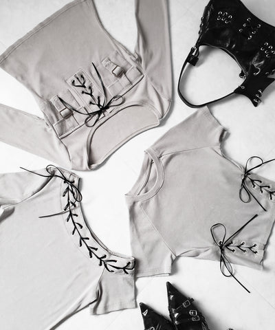 ヴィンテージサイドレースアップカットアウト半袖ショートTシャツ ／ vintage side lace up cutout short short sleeve T-shirts