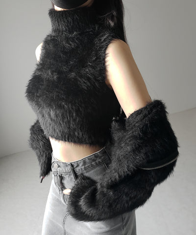 【 ３color 】タートルネックショートシャギーノースリニットトップス ／ turtleneck short shaggy nosleeve knit tops