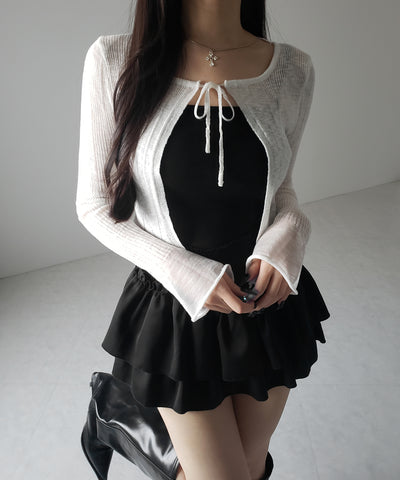 【 ２color 】フロントリボンシアーニットショートカーディガン ／ front ribbon sheer knit short cardigan