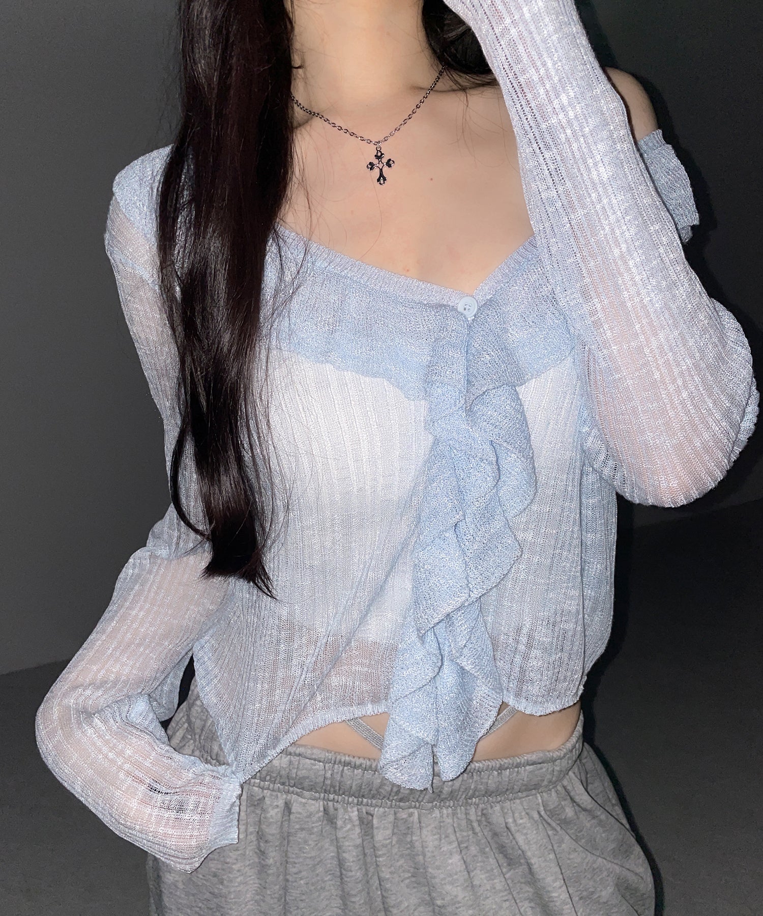 フリルシアールーズニットカーディガン ／ frill sheer loose knit cardigan