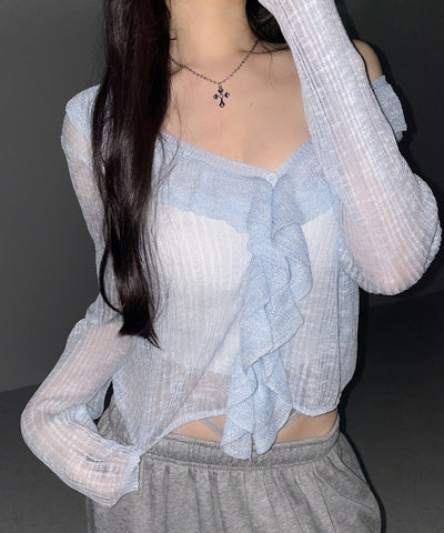 フリルシアールーズニットカーディガン ／ frill sheer loose knit cardigan