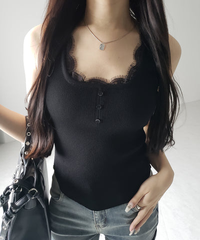 【 ２color 】スクエアネックレースニットタンクトップ ／square neck lace knit tank top