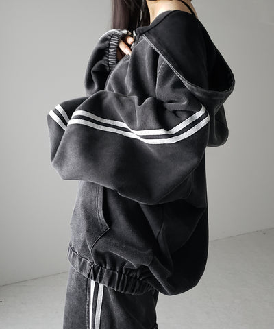ピグメントヴィンテージ加工サイドラインジップアップパーカー ／ Pigment vintage side line zip-up hoodie