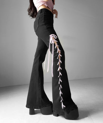 サテンリボンレースアップカットアウトストレッチフレアデニム ／ satin ribbon laceup cutout stretch flare denim