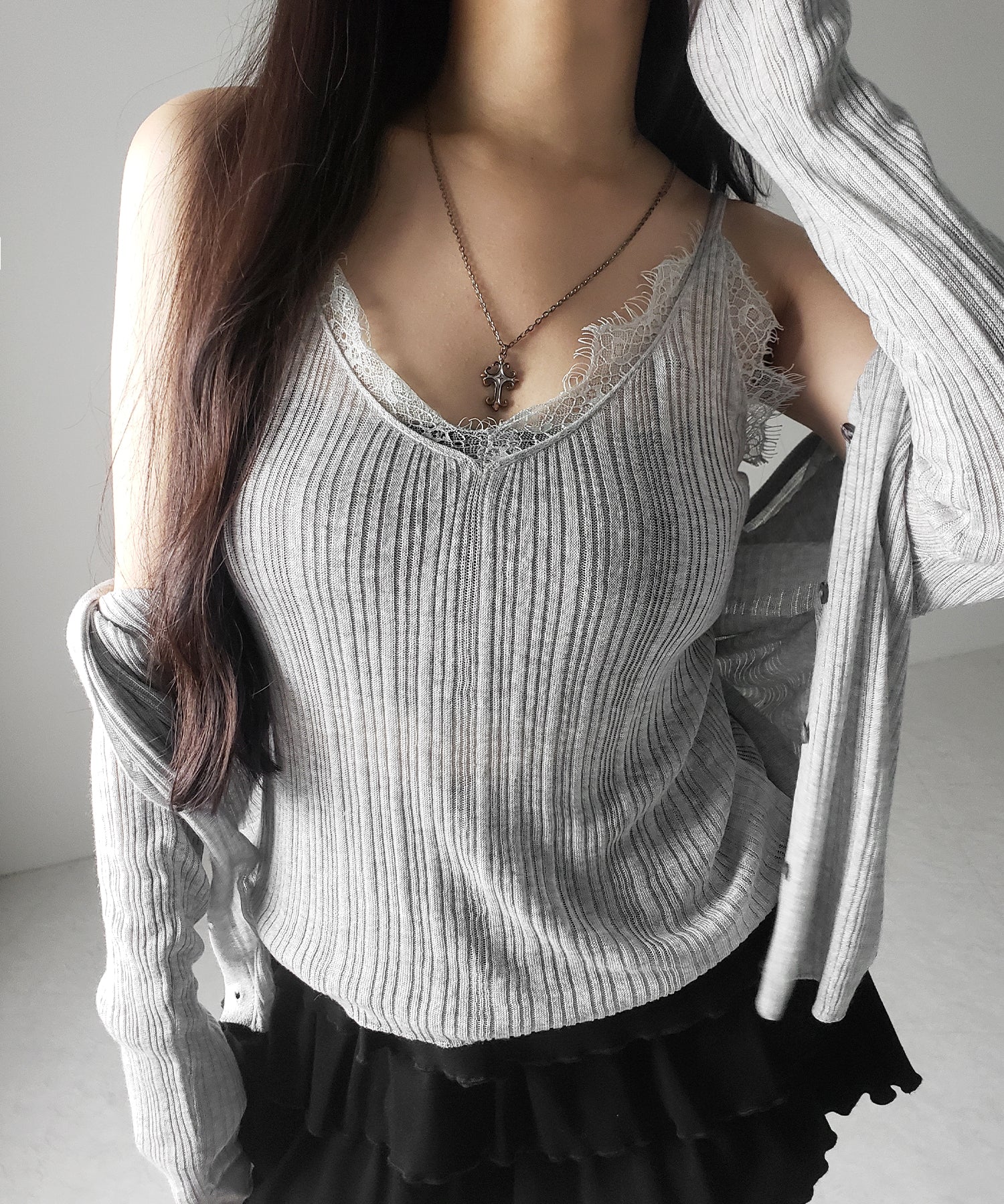 【 ２点セット 】レースニットキャミソール ＋ シアーニットカーディガン SET ／ lace knit camisole + sheer knit cardigan SET