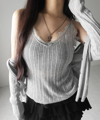 【 ２点セット 】レースニットキャミソール ＋ シアーニットカーディガン SET ／ lace knit camisole + sheer knit cardigan SET