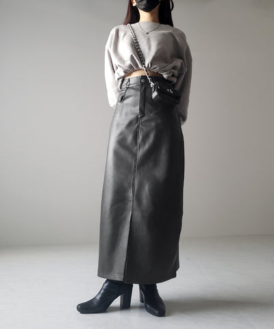 【 ３color ／ ３size 】フロントスリットヴィンテージフェイクレザースカート