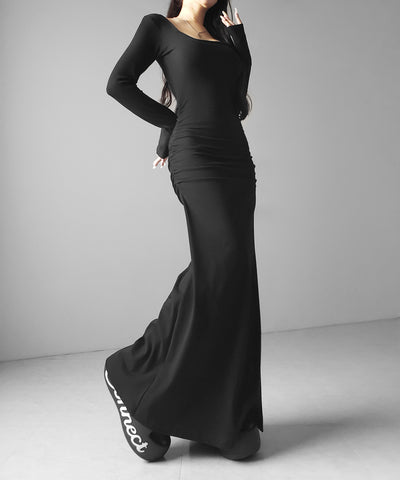 スクエアネックシャーリングマーメイド長袖ロングタイトワンピ ／ Square neck shirring mermaid long-sleeved long tight onepiece