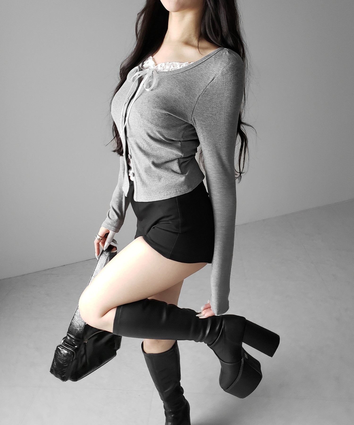 フロントリボンレースレイヤード長袖リブカーディガン ／front ribbon lace layered long-sleeve rib cardigan