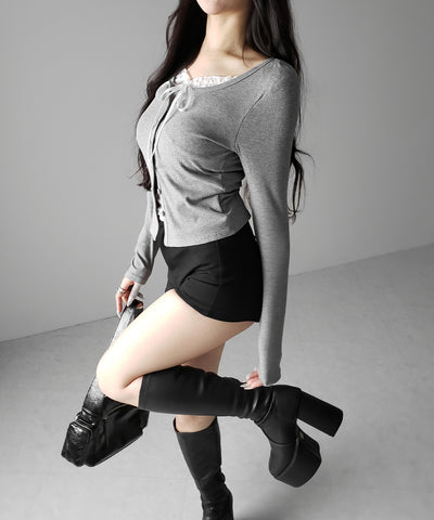 フロントリボンレースレイヤード長袖リブカーディガン ／front ribbon lace layered long-sleeve rib cardigan
