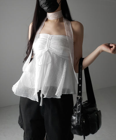 【 チョーカータイ付 】シャーリングリボンペプラムシフォンビスチェトップス ／ choker tie set shirring ribbon peplum chiffon bustier tops