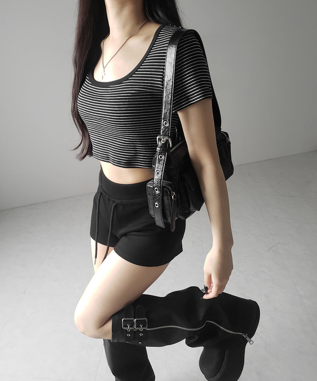 【 ２color 】ピンボーダースクエアネックショートＴシャツ ／ pin border square neck short T-shirt