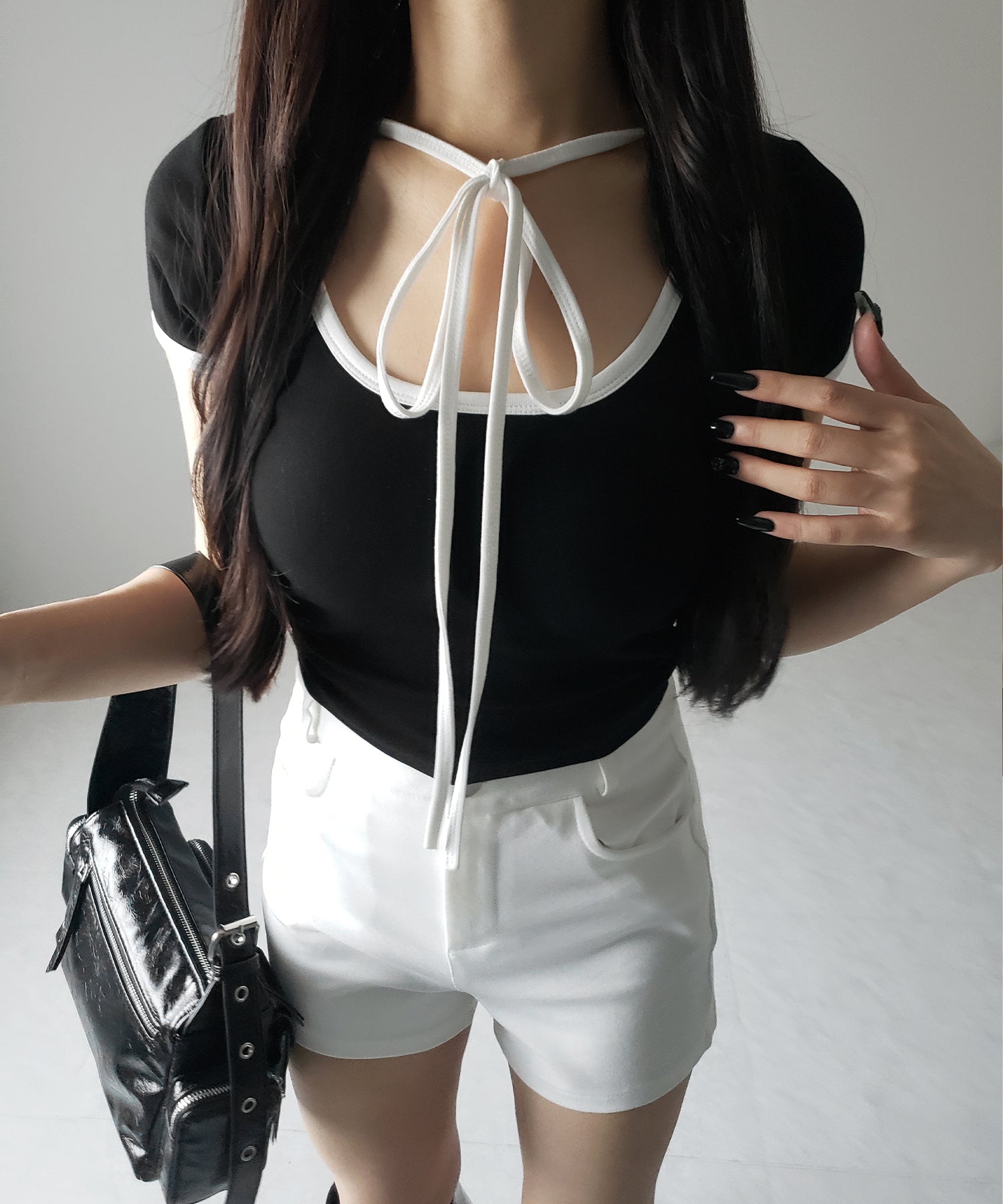 【 ２WAY ／ ２color 】配色ネックリボンチョーカーパイピングＴシャツ ／ bicolor neck ribbon choker piping T-shirt