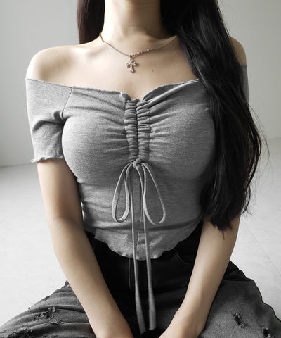 【 ３color 】シャーリングリボンオフショルメローＴシャツ ／ shirring ribbon off-shoulder mellow T-shirt