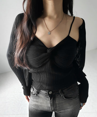 【 2点セット 】ツイストリブニットキャミソール ＋シアーリブショートカーディガン SET ／ twisted rib knit camisole + sheer rib short cardigan SET