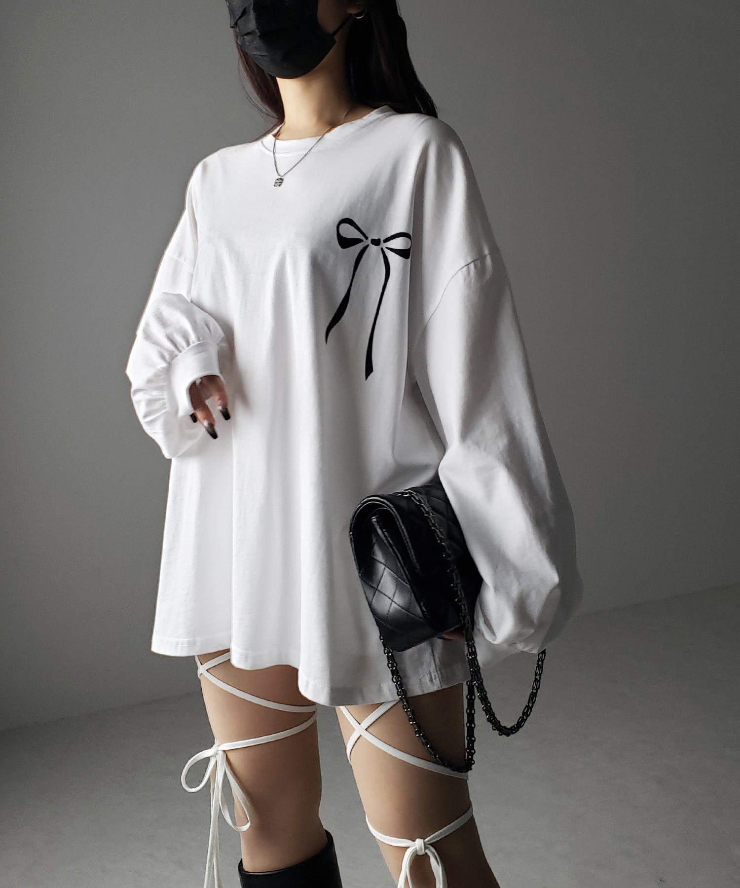 【 セルフカット調節可能 】クロスストラップリボンバイカーレギンスパンツ ／ cross strap ribbon biker leggings pants