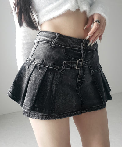 【 インパン裏地付 】ベルテッドマイクロプリーツデニムミニスカパン ／ belted micro pleats denim skirt pants