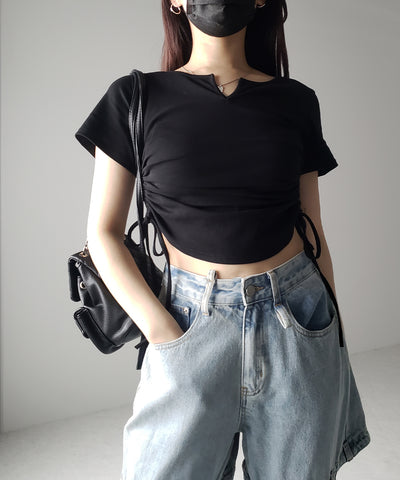 【 ２color 】サイドシャーリングリボン半袖ショートＴシャツ ／ side shirring ribbon short Tee