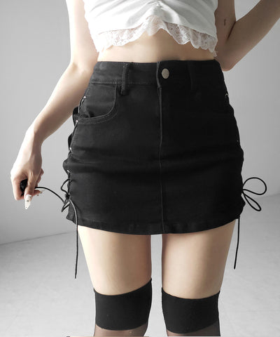 レースアップストレッチデニムミニスカパン ／ lace up stretch denim mini skirt pants