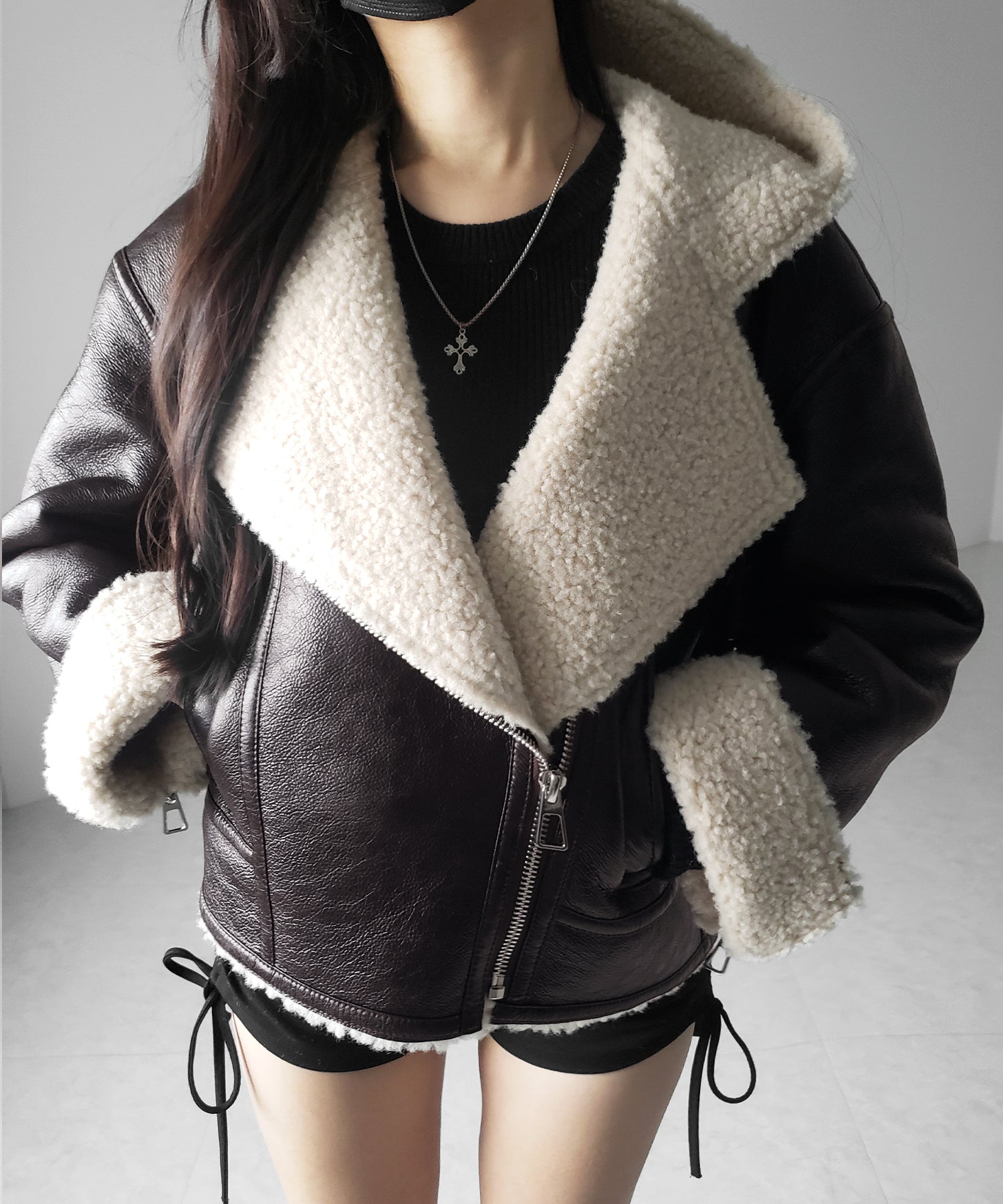 ヴィンテージレザーフーディボアムートンジャケット ／ vintage leather hoodie boa mouton jacket