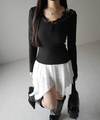 【 ２color 】ストラップダブルリボンレースカットソートップス ／ strap double ribbon lace cutsew tops