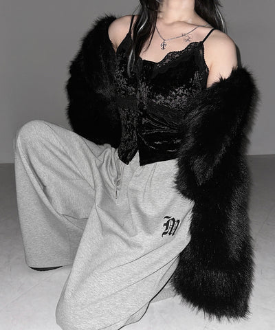 フロントボタンレースベロアショートキャミソール ／ front button lace velor short camisole