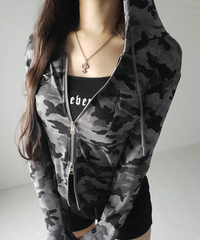 ヴィンテージカモフラダブルジップカットパーカー ／ vintage camouflage double zip cut hoodie