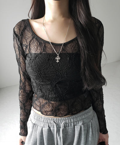 【 ２color ／２WAY 】ワンショルルーズシアーレーストップス ／ one shoulder loose sheer lace tops