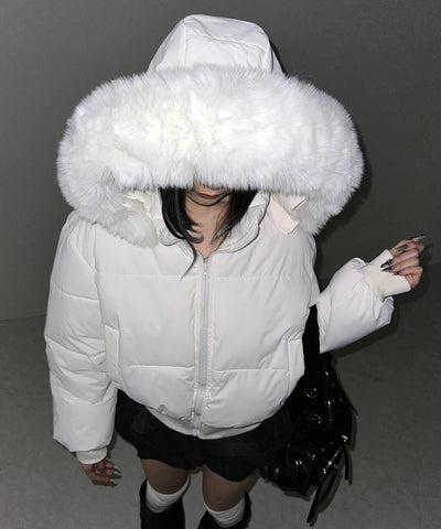 【 フード取り外し可能２ＷＡＹ 】フェイクファーフードショートダウンジャケット ／ 2WAY fake fur hoodie short down jacket