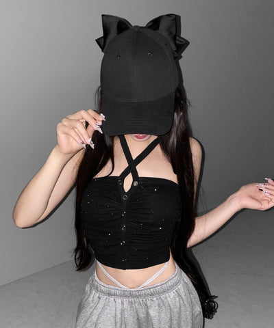 ラインストーンホルターネックスナップギャザーベアトップ ／ Rhinestone halter neck snap gathered bare top