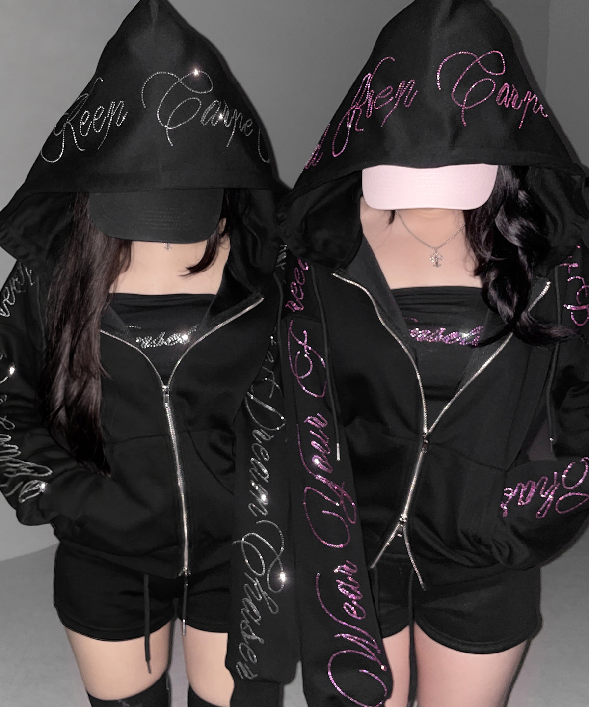【 セットアップ可能 】ラインストーンロゴダブルジップパーカー ／ Rhine stone logo double zip hoodie