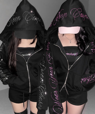 【 セットアップ可能 】ラインストーンロゴダブルジップパーカー ／ Rhine stone logo double zip hoodie