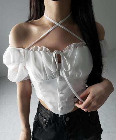 【 ２color ／ ２WAY 】フロントリボンクロスネック半袖シフォンブラウス ／ front ribbon cross neck short sleeve chiffon blouse
