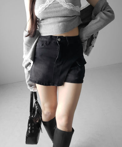 カーゴポケットレイヤードデニムミニスカパン ／ cargo pocket layered denim mini skirt pants