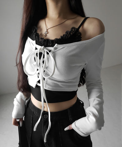 【 ２点セット 】レースアップリボンショートトップス ＋ レースキャミ SET ／ lace up ribbon short tops + lace cami SET