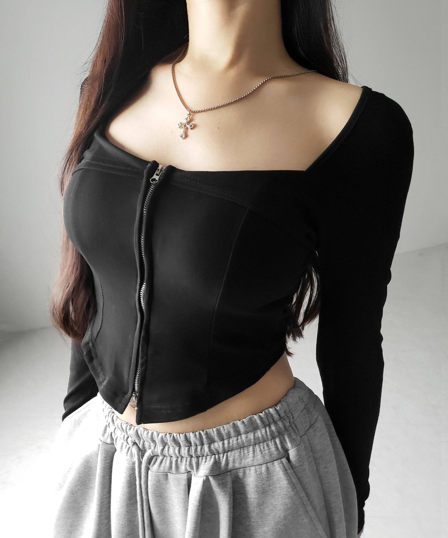 【 ２color 】ダブルジップコルセットスクエアネックロンＴ ／ double zip corset square neck longsleeve T-Shirt