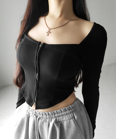 【 ２color 】ダブルジップコルセットスクエアネックロンＴ ／ double zip corset square neck longsleeve T-Shirt