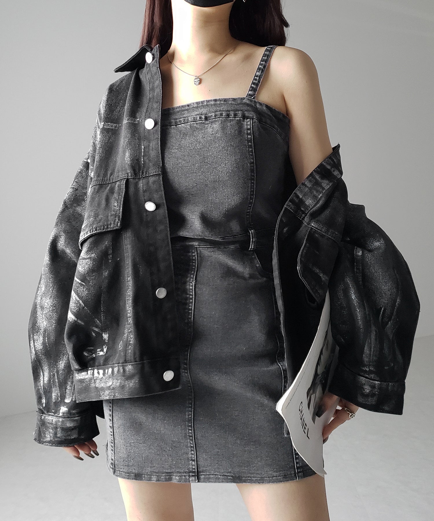 【 ２color 】ウォッシュデニムハイウエストミニキャミワンピース ／ wash denim high waist mini cami onepiece