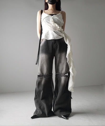 【 ４size ／ ２color 】カットアウトストラップヴィンテージルーズデニム ／ cutout strap vintage loose denim