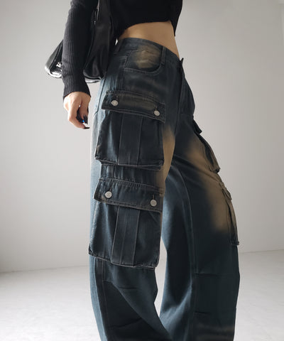 【 ３color ／４size 】オーバーダイグラデーションヴィンテージワイドカーゴデニム ／ overdyed gradation vintage wide cargo denim