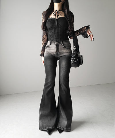 【 ２color 】チョーカーネックリボンコルセットレーストップス ／ choker neck ribbon corset lace tops