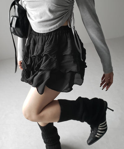 【 インパン裏地付 】３段クリンクルシアーフリルボリュームミニスカート ／ crinkle sheer frill volume mini skirt