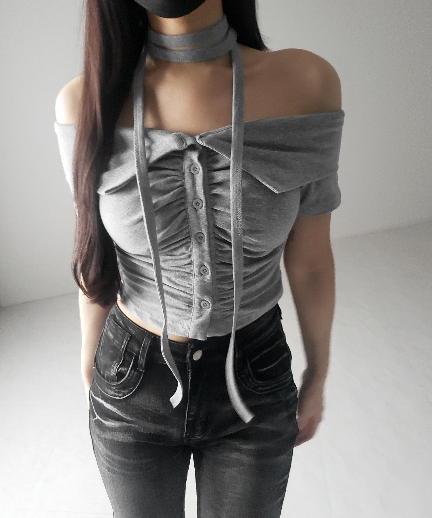 【 ３color 】チョーカーロングタイ付き　オフショルダータックギャザーＴシャツ ／ choker long tie SET offshoulder tuck gather slim T-shirt