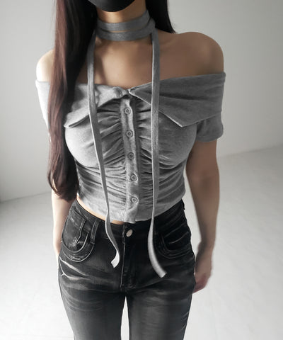 【 ３color 】チョーカーロングタイ付き　オフショルダータックギャザーＴシャツ ／ choker long tie SET offshoulder tuck gather slim T-shirt