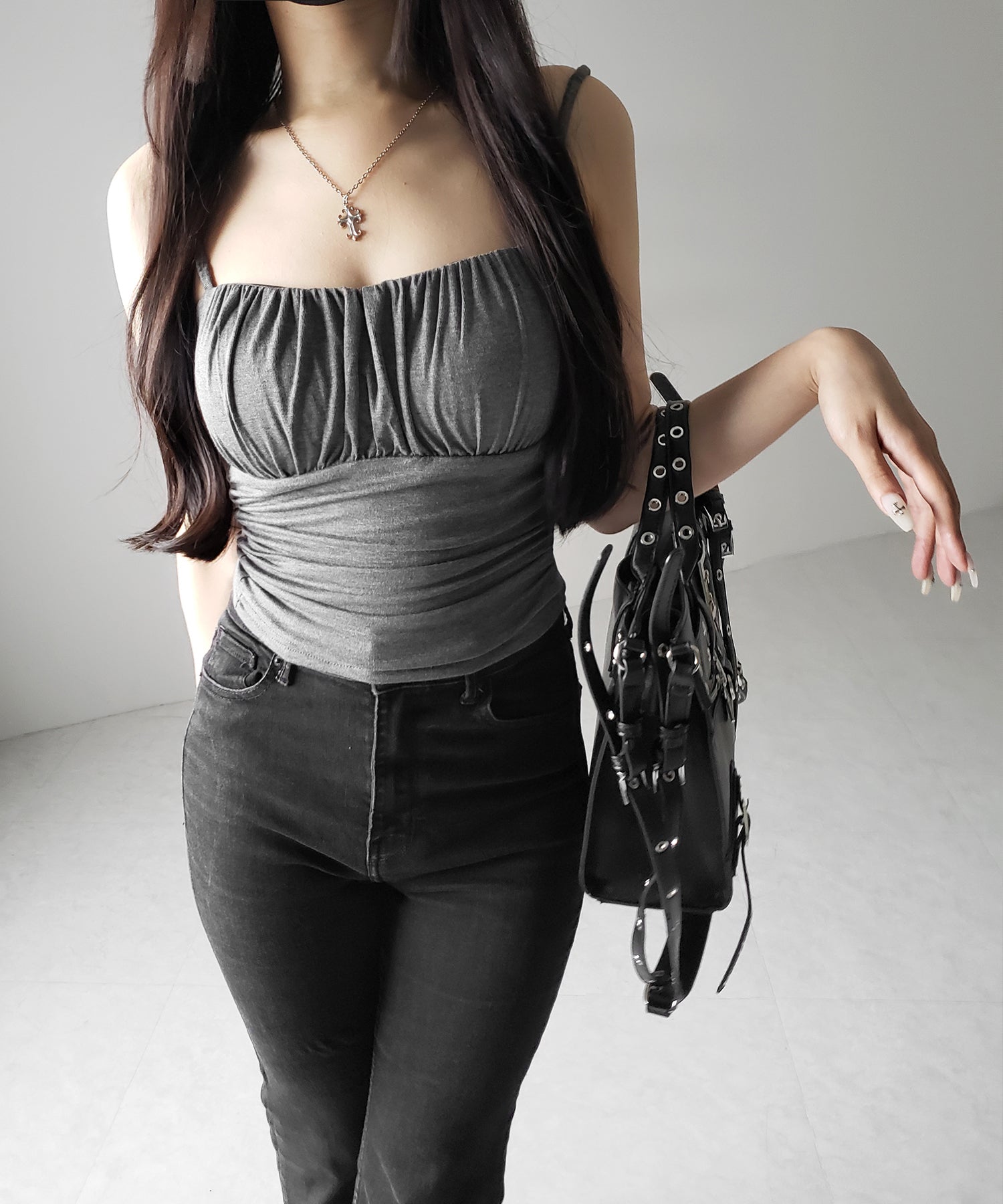 【 ３color ／ カップ付き 】シャーリングギャザードレープキャミソール ／shirring gather drape camisole