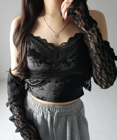 【 カップ付き 】ダブルレースベロアショートビスチェキャミソール ／ double lace velor short bustier camisole