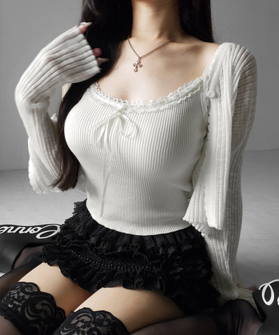 【 ２点セット 】レースリボンニットキャミソール ＋ シアーリブニットカーディガン ／ lace ribbon knit camisole ＋ sheer lib knit cardigan