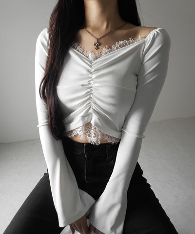 【 ２color 】レースドッキングシャーリングショートカットソートップス ／ lace docking shirring short cutsew tops