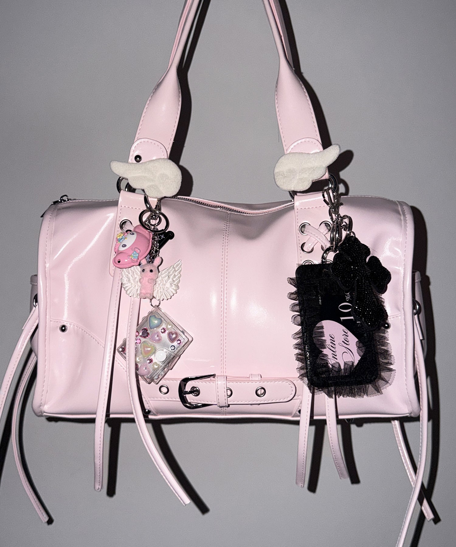 【 ショルダーストラップ付き２WAY 】レースアップベルテッドフリンジボストンショルダーバッグ／lace up belted fringe boston shoulder bag
